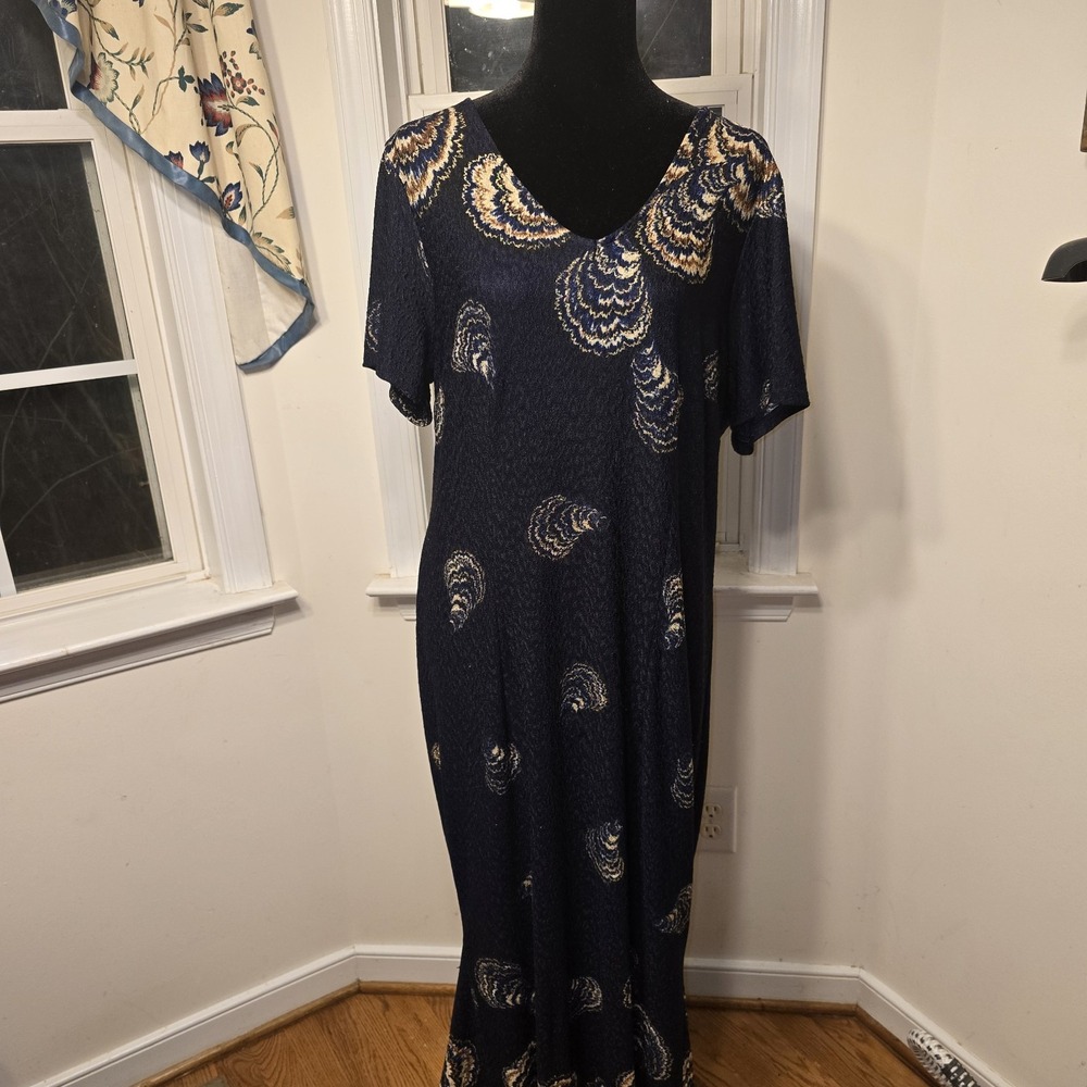 Candolite Women's 1X Navy Blue Gold Oyster Shell Print Maxi Dress